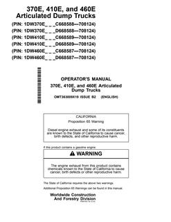 John Deere 370E, 410E and 460E Articulated dump truck Operator manual OMT363009X19 — actual manual cover