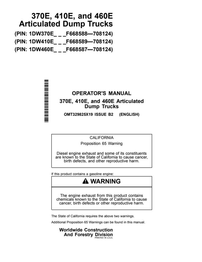 John Deere 370E, 410E and 460E Articulated Dump Trucks Operator's Manual — actual manual cover