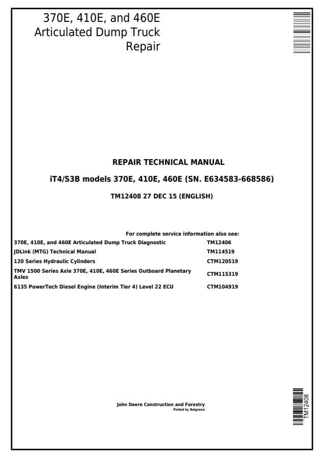John Deere 370E, 410E and 460E Articulated Dump Trucks Repair Technical Manual — actual manual cover