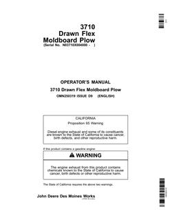 John Deere 3710 Moldboard plow Operator manual OMN250319 — actual manual cover