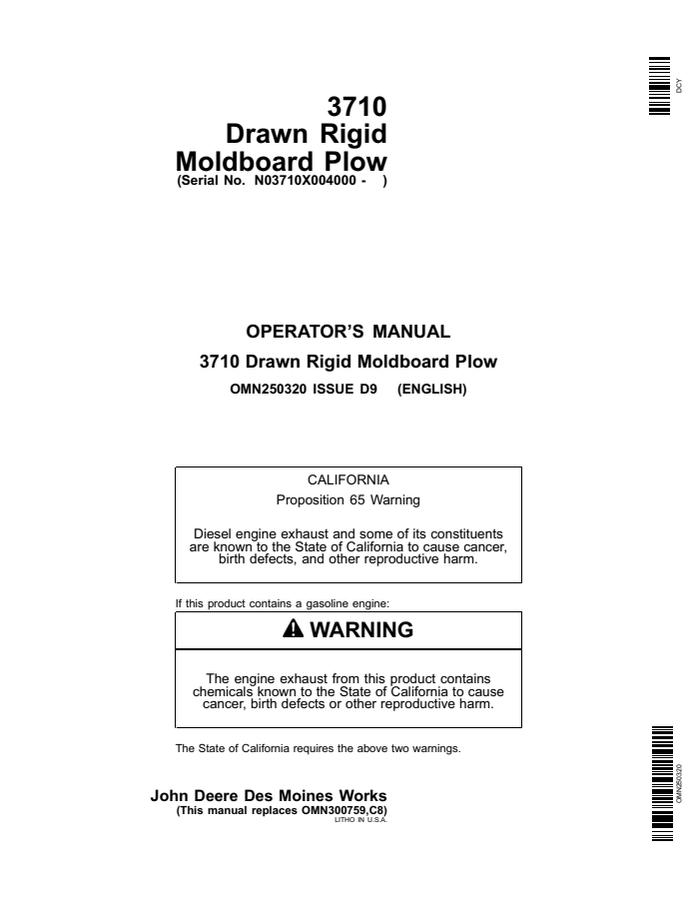 John Deere 3710 Moldboard plow Operator manual OMN250320 — actual manual cover