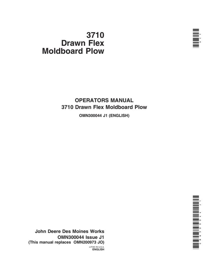 John Deere 3710 Moldboard plow Operator manual OMN300044 — actual manual cover