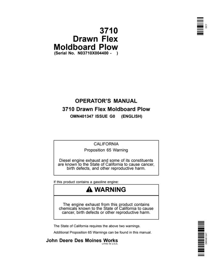 John Deere 3710 Moldboard plow Operator manual OMN401347 — actual manual cover