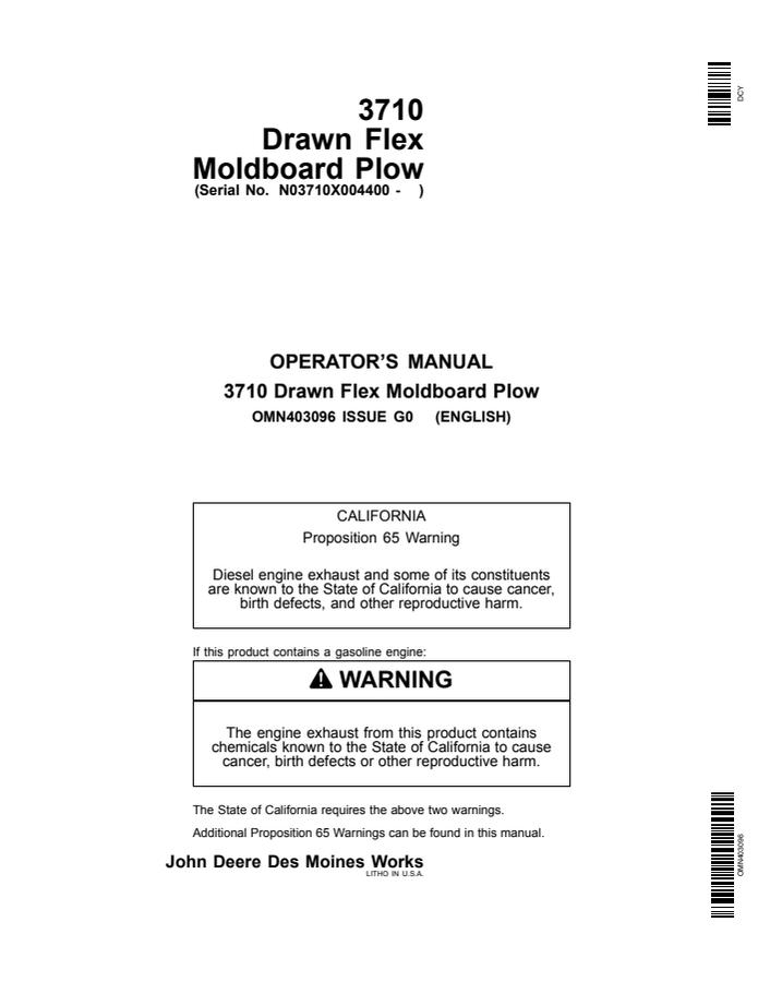 John Deere 3710 Moldboard plow Operator manual OMN403096 — actual manual cover