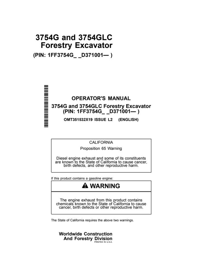 John Deere 3754G, 3754GLC Forestry excavator Operator manual OMT351532X19 — actual manual cover