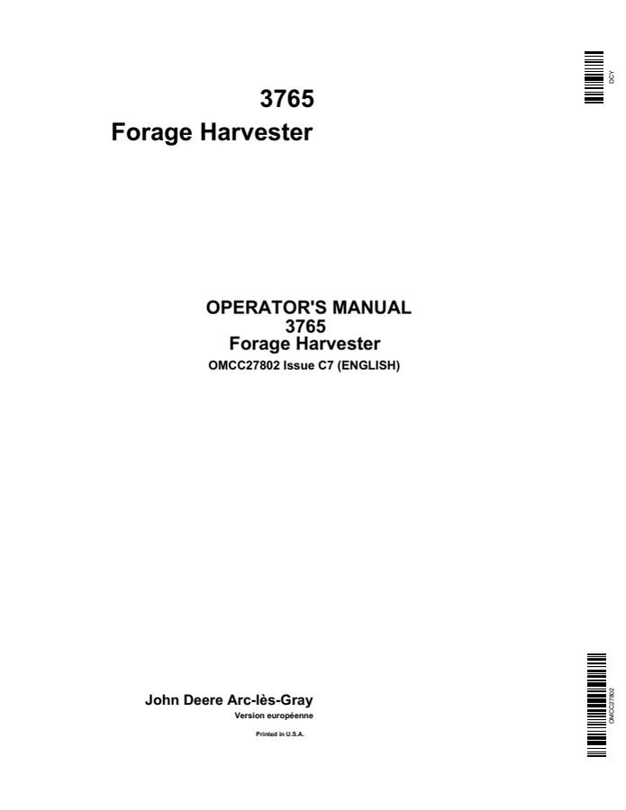 John Deere 3765 Forage harvester Operator manual OMCC27802 — actual manual cover