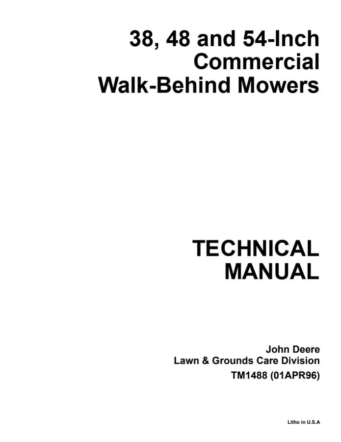 John Deere 38, 48, 54 inch Commercial walk-behind mower Technical manual TM1488 — actual manual cover
