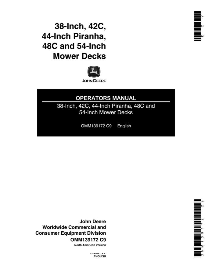 John Deere 38-inch, 42C, 44-inch Piranha, 48C and 54-inch Mower deck Operator manual OMM139172 — actual manual cover