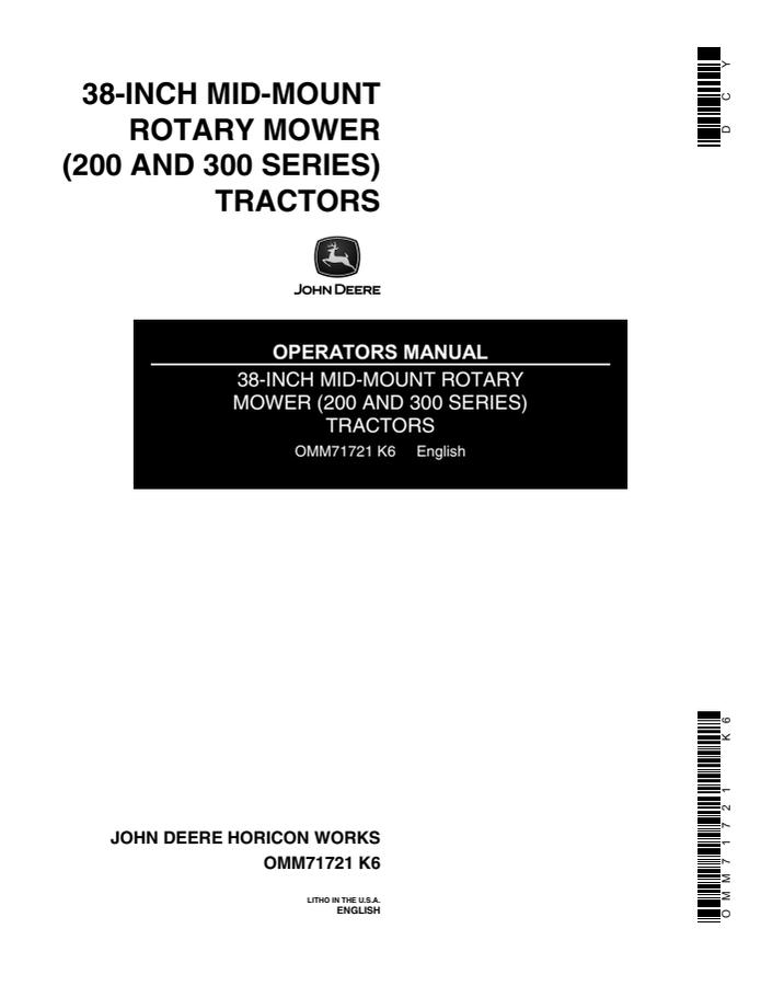John Deere 38-inch Rotary mower Operator manual OMM71721 — actual manual cover
