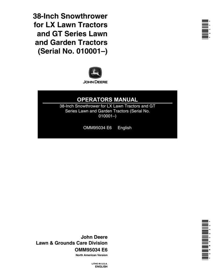 John Deere 38-inch Snowthrower Operator manual OMM95034 — actual manual cover