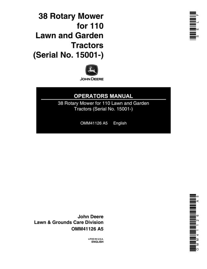 John Deere 38 Rotary mower Operator manual OMM41126 — actual manual cover