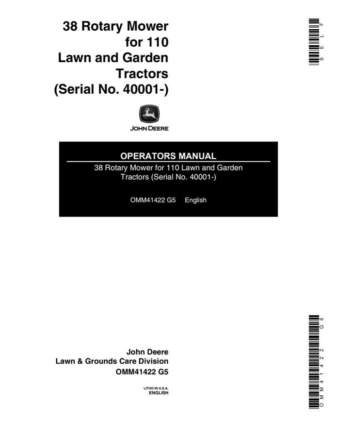 John Deere 38 Rotary mower Operator manual OMM41422 — actual manual cover