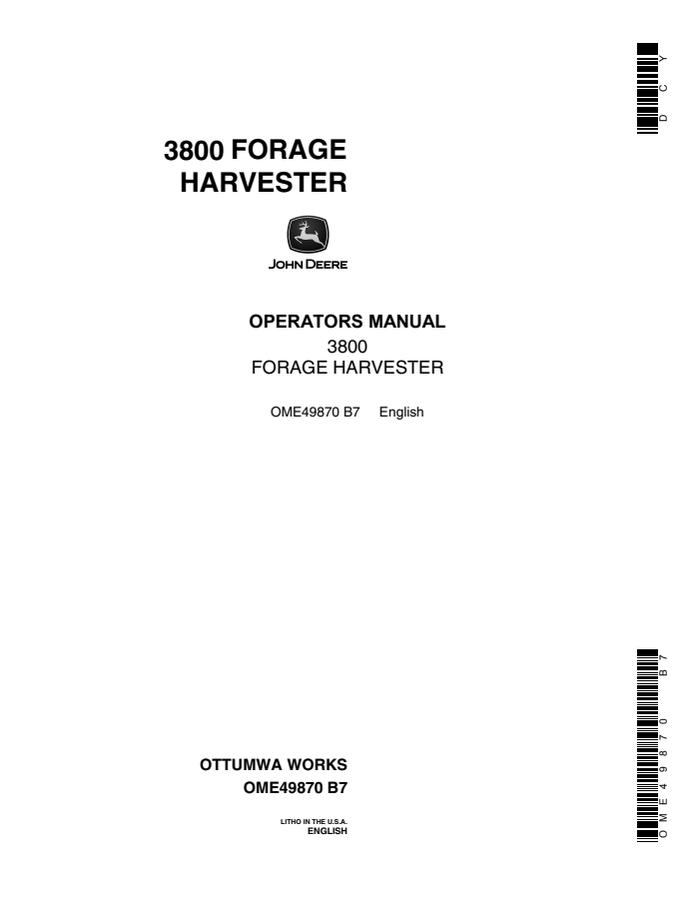 John Deere 3800 Forage harvester Operator manual OME49870 — actual manual cover