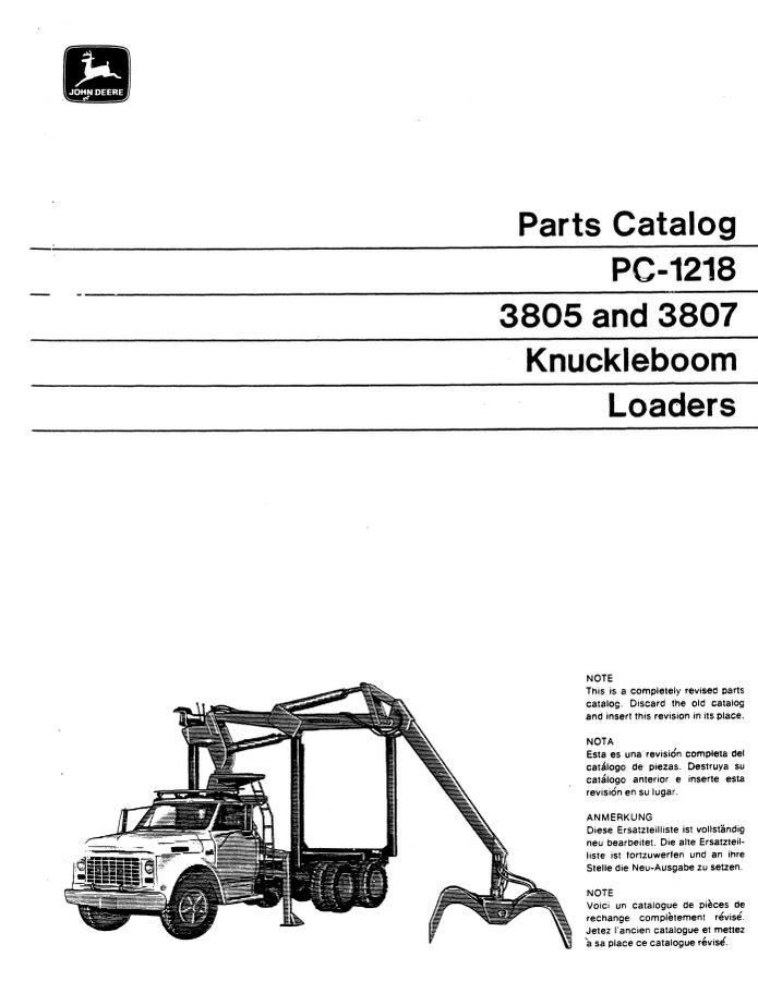 John Deere 3805, 3807 Knuckleboom loader Parts catalog PC-1218 — actual manual cover