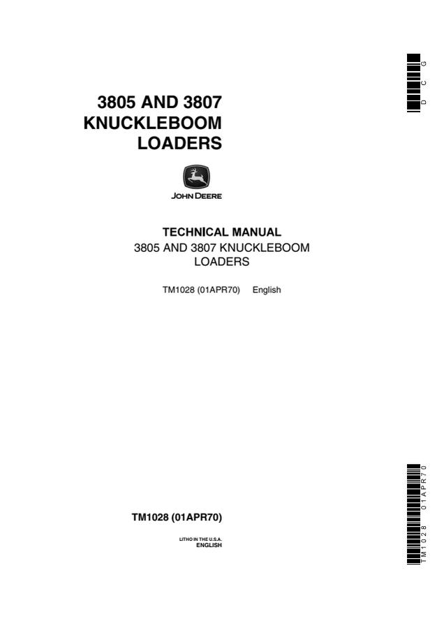 John Deere 3805, 3807 Knuckleboom loader Technical manual TM1028 — actual manual cover