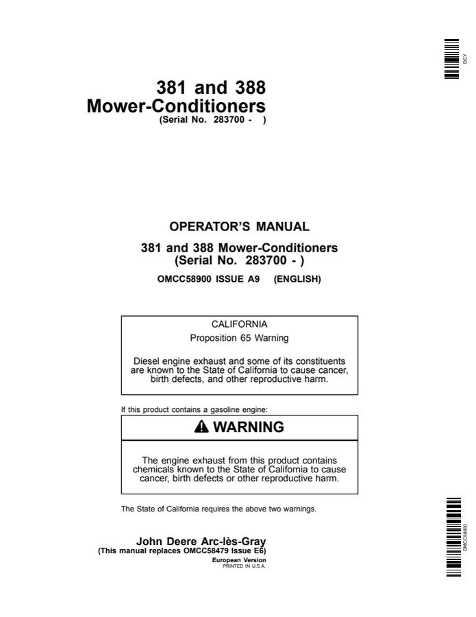 John Deere 381 and 388 Mower-conditioner Operator manual OMCC58900 — actual manual cover