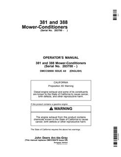 John Deere 381 and 388 Mower-conditioner Operator manual OMCC58900 — actual manual cover