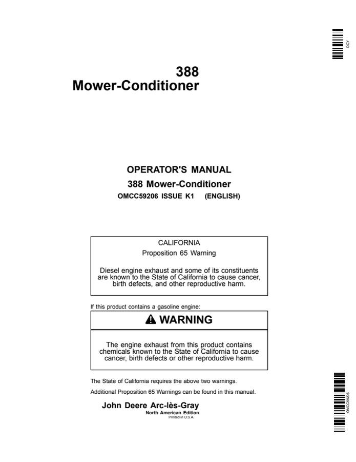 John Deere 388 Mower-conditioner Operator manual OMCC59206 — actual manual cover