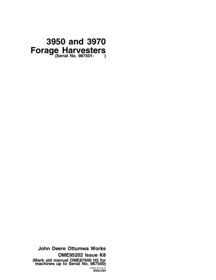 John Deere 3950 and 3970 Forage harvester Manual OME95202 — actual manual cover