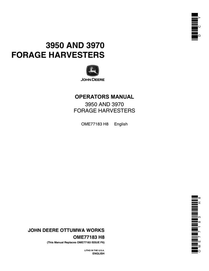 John Deere 3950 and 3970 Forage harvester Operator manual OME77183 — actual manual cover