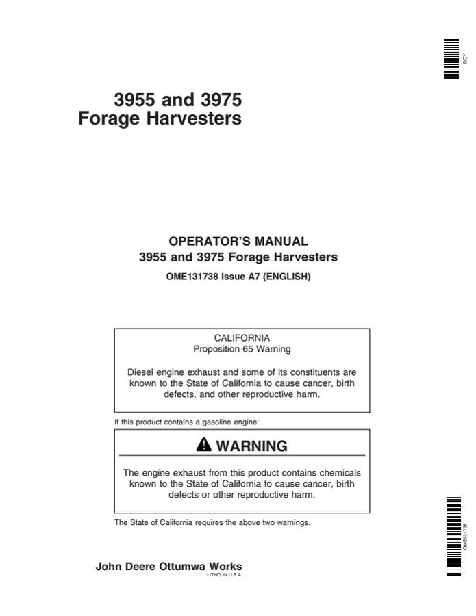 John Deere 3955 and 3975 Forage harvester Operator manual OME131738 — actual manual cover
