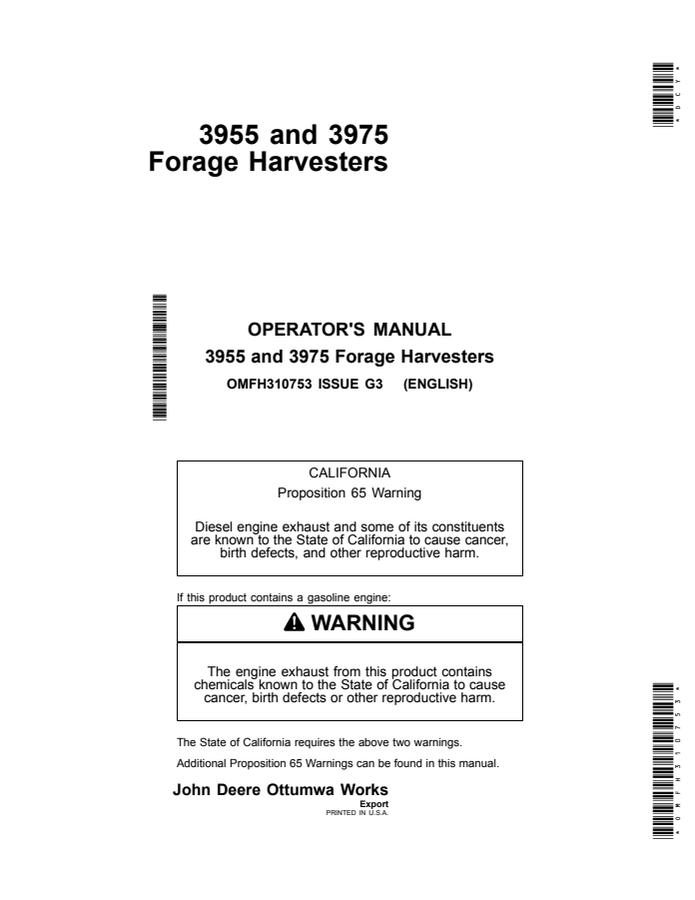 John Deere 3955 and 3975 Forage harvester Operator manual OMFH310753 — actual manual cover