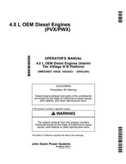 John Deere 4.5 L OEM (PVX/PWX) Engine Operator manual OMRG38827 — actual manual cover
