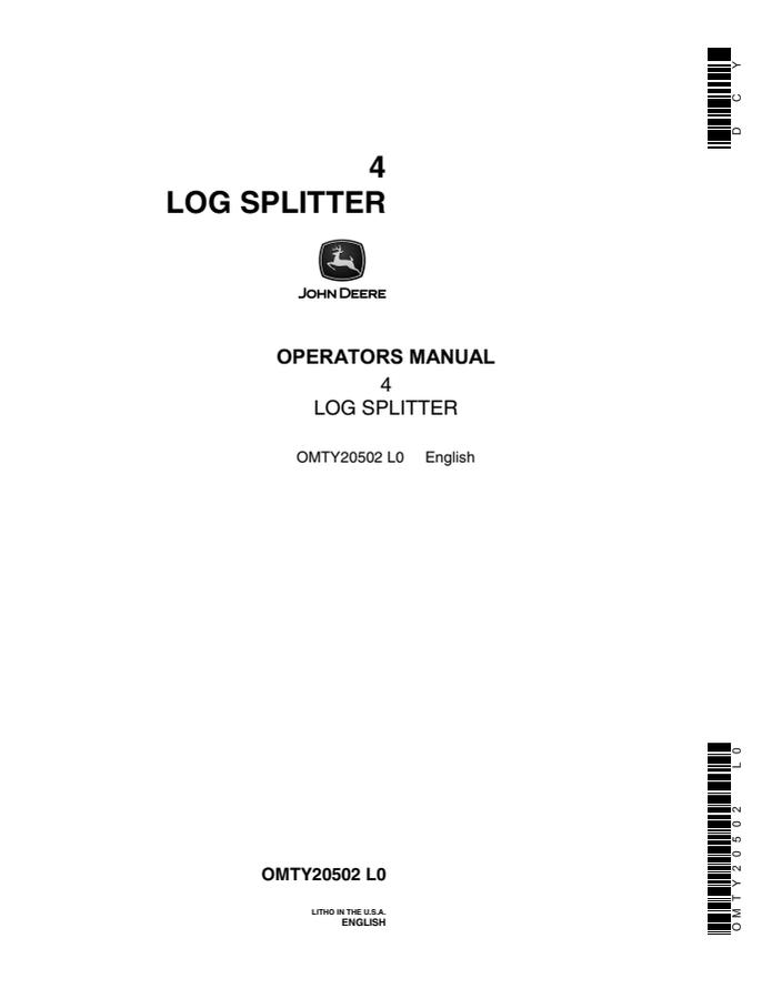 John Deere 4 Log splitter Operator manual OMTY20502 — actual manual cover