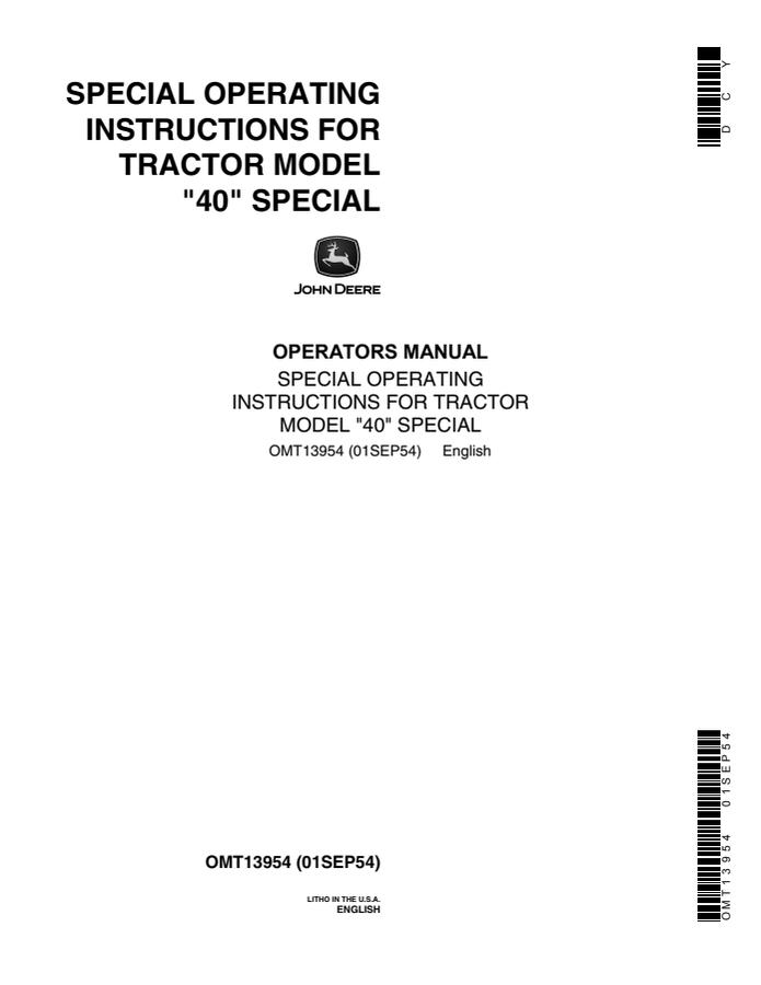 John Deere 40 Special Tractor Operator manual OMT13954 — actual manual cover