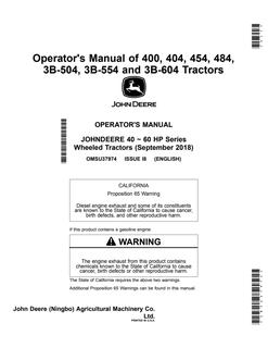 John Deere 400/404/454/484/3B-504/3B-554/3B-604 Tractor Operator manual OMSU37974 — actual manual cover