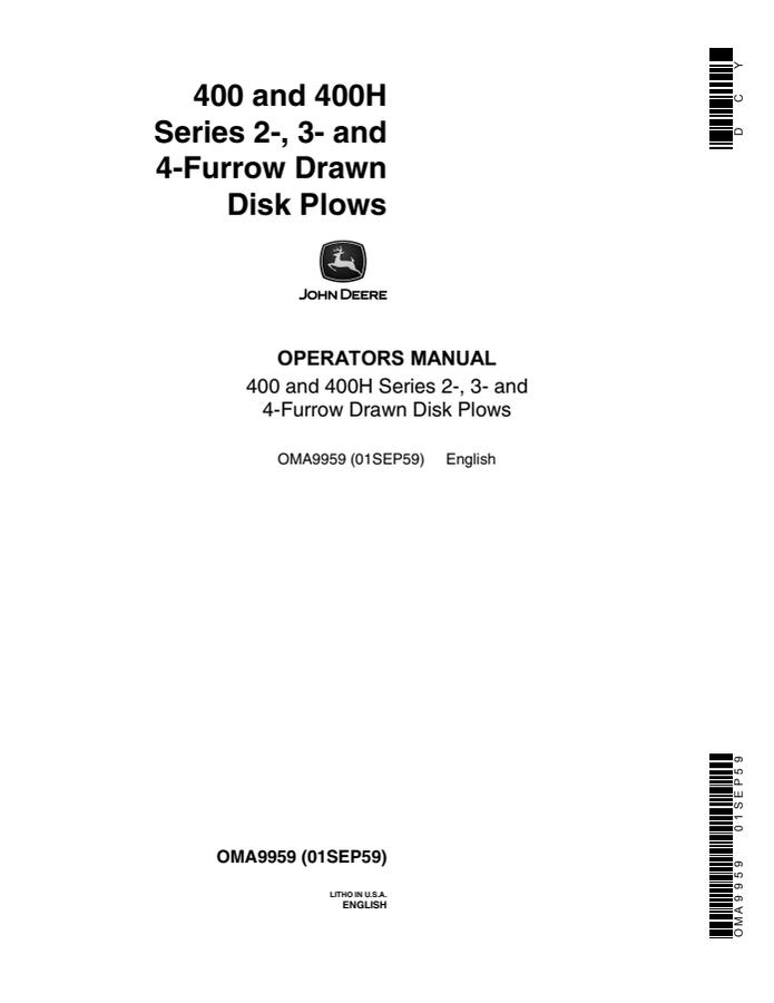 John Deere 400 and 400H Series Disk plow Operator manual OMA9959 — actual manual cover