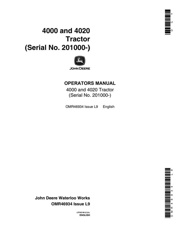 John Deere 4000/4020 Tractor Operator manual OMR46934 — actual manual cover