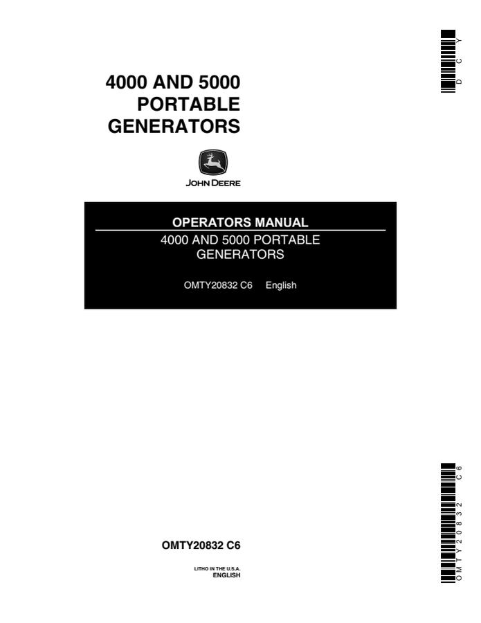 John Deere 4000/5000 Portable generator Operator manual OMTY20832 — actual manual cover