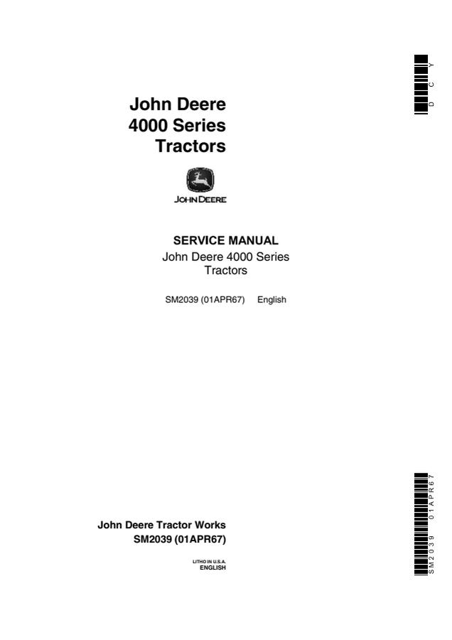 John Deere 4000 Series Tractor Service manual SM2039 — actual manual cover