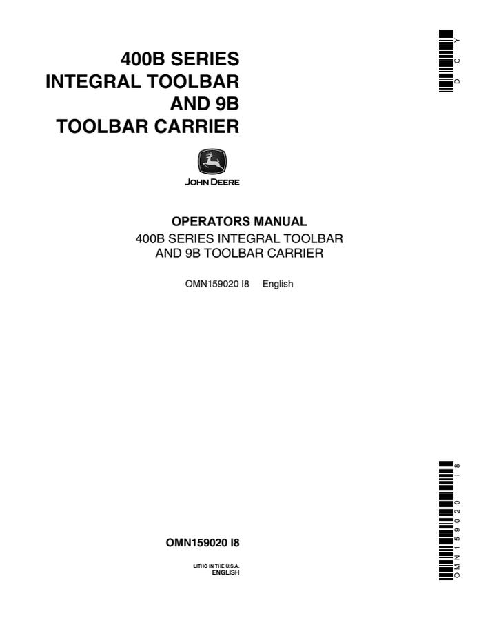 John Deere 400B/9B Toolbar/carrier Operator manual OMN159020 — actual manual cover