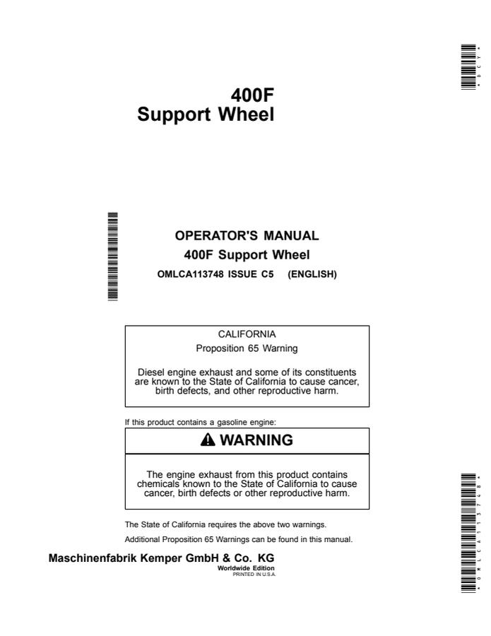 John Deere 400F Support wheel Operator manual OMLCA113748 — actual manual cover