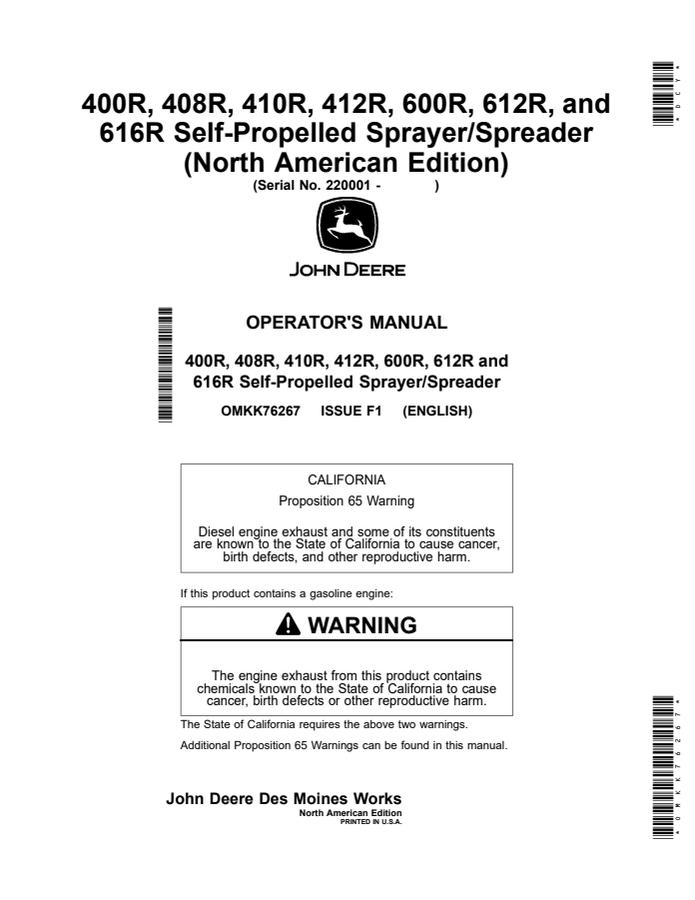 John Deere 400R/408R/410R/412R/600R/612R/616R Self-propelled sprayer/spreader Operator manual OMKK76267 — actual manual cover