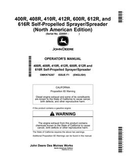 John Deere 400R/408R/410R/412R/600R/612R/616R Self-propelled sprayer/spreader Operator manual OMKK76267 — actual manual cover
