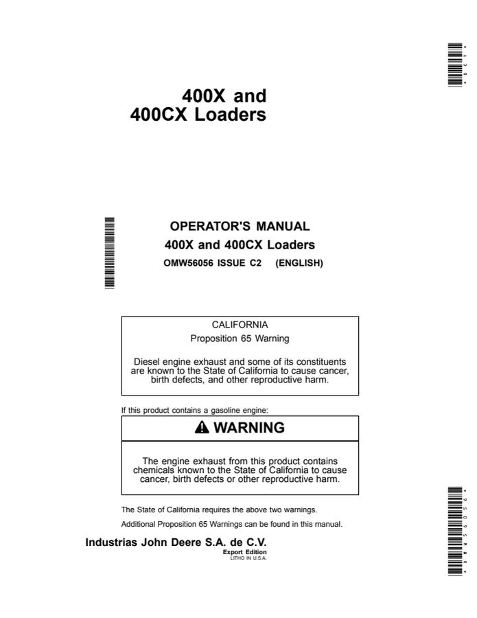 John Deere 400X/400CX Loader Operator manual OMW56056 — actual manual cover