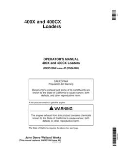 John Deere 400X, 400CX Loader Operator's manual OMW51068 — actual manual cover