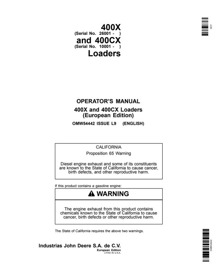 John Deere 400X, 400CX Loader Operator's manual OMW54442 — actual manual cover