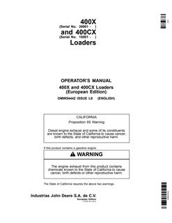 John Deere 400X, 400CX Loader Operator's manual OMW54442 — actual manual cover