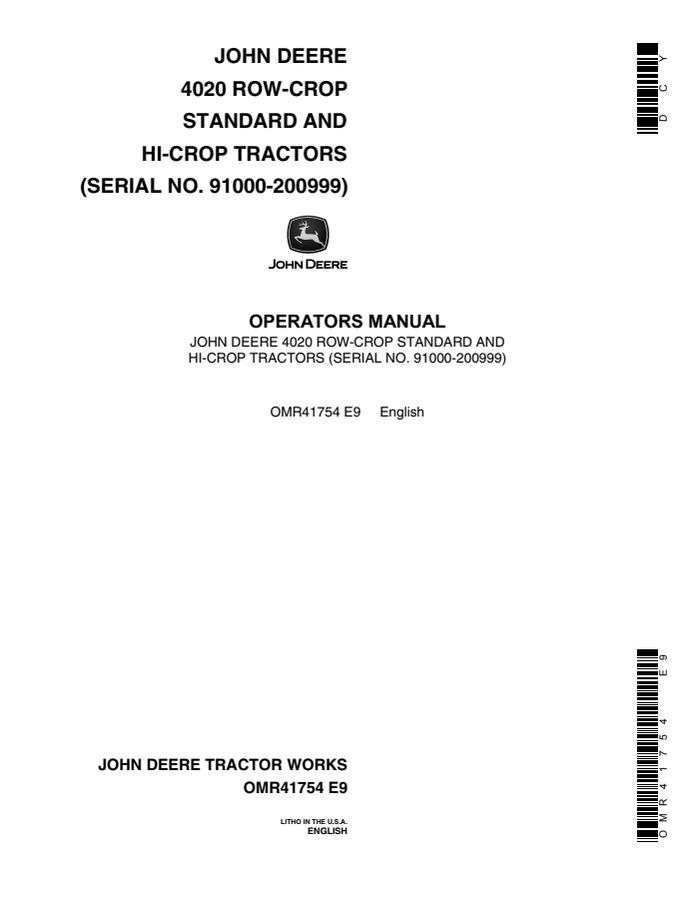 John Deere 4020 Tractor Operator manual OMR41754 — actual manual cover