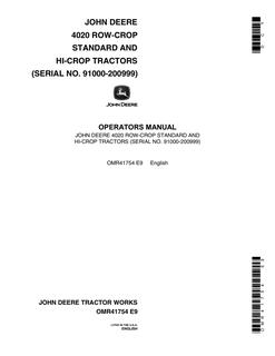 John Deere 4020 Tractor Operator manual OMR41754 — actual manual cover