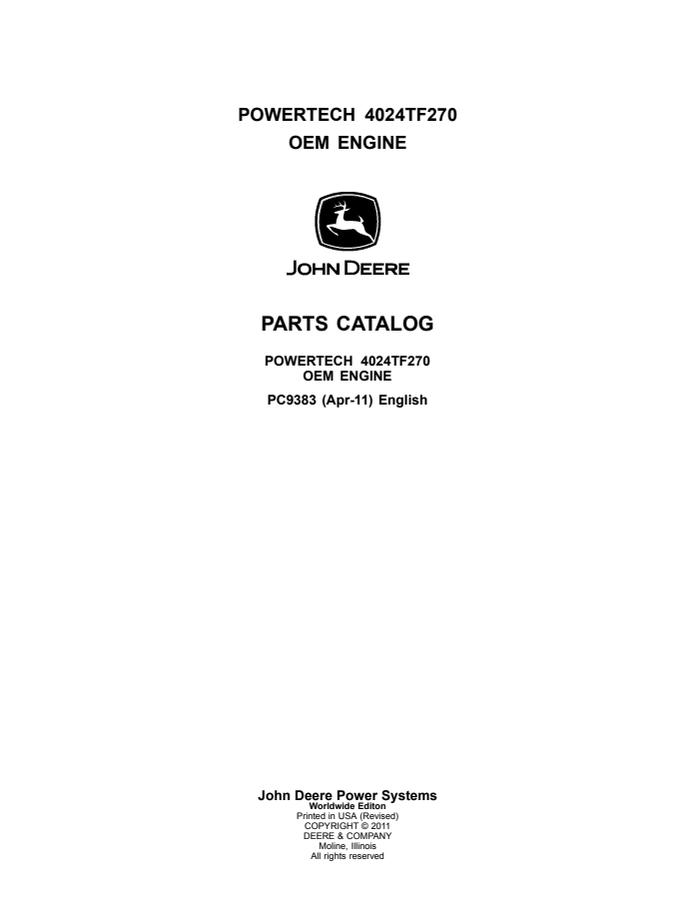 John Deere 4024TF270 Engine Parts catalog PC9383 — actual manual cover