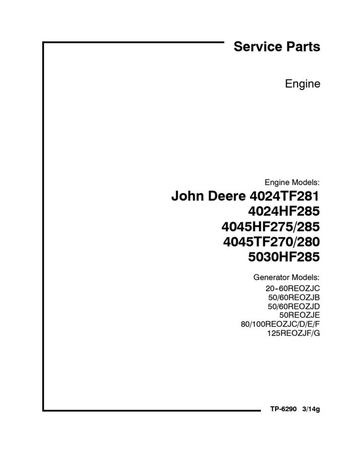 John Deere 4024TF281, 4024HF285, 4045HF275/285, 4045TF270/280, 5030HF285 Engine Service Parts Manual TP-6290 — actual manual cover