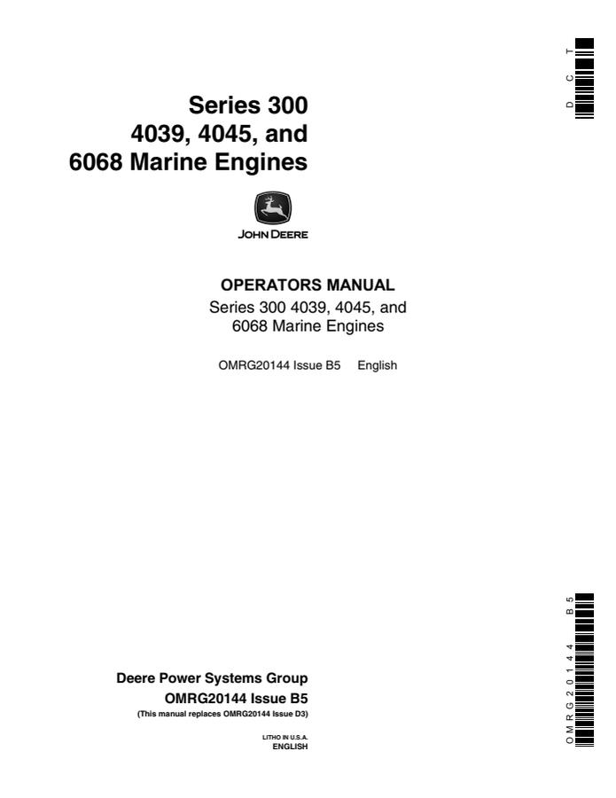 John Deere 4039, 4045, 6068 Series 300 Marine engine Operator manual OMRG20144 — actual manual cover