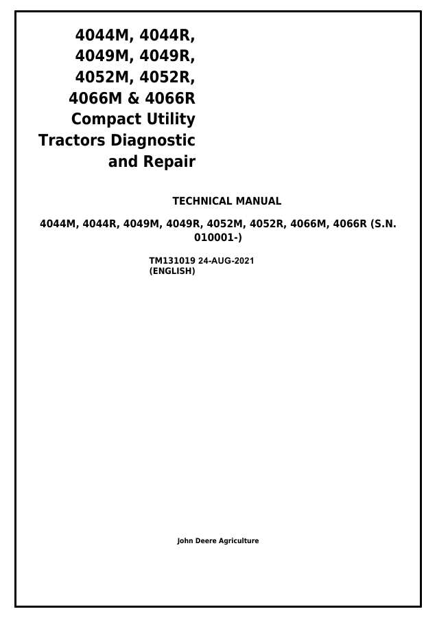 John Deere 4044M, 4044R, 4049M, 4049R, 4052M, 4052R, 4066M, 4066R Compact utility tractor Diagnostic and repair technical manual TM131019 — actual manual cover