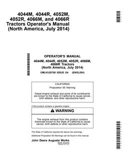John Deere 4044M, 4044R, 4052M, 4052R, 4066M, 4066R Compact utility tractor Operator's manual OMLVU28780 — actual manual cover