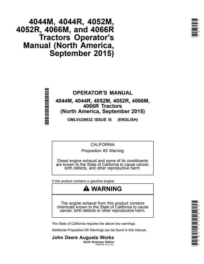 John Deere 4044M/4044R/4052M/4052R/4066M/4066R Tractor Operator manual OMLVU29832 — actual manual cover